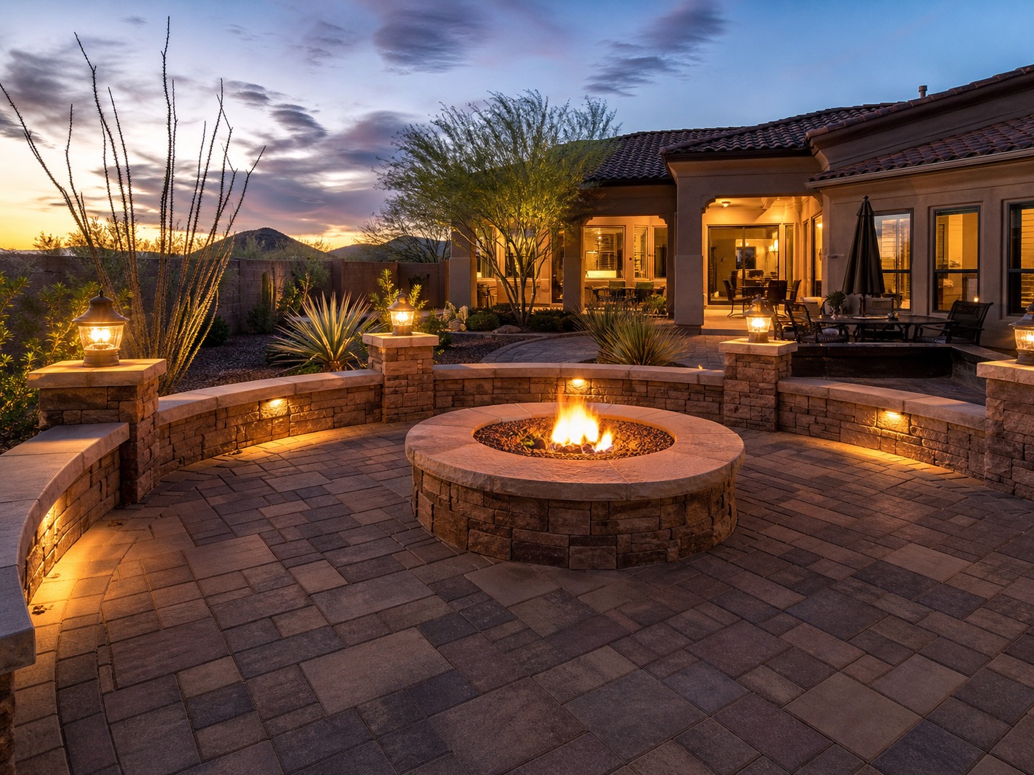 Arizona paver patio with fire pit