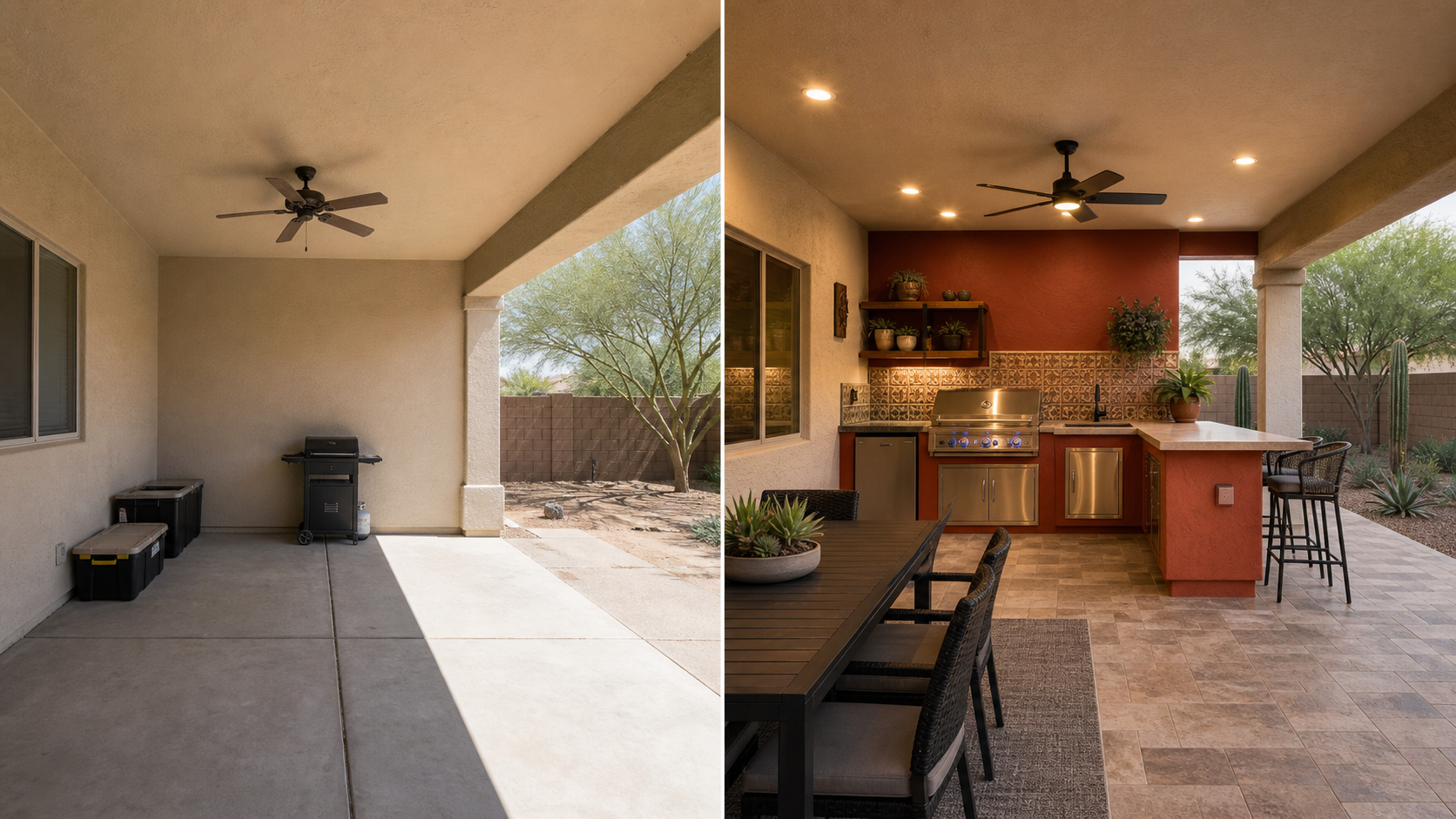 Before and after covered patio outdoor kitchen remodel