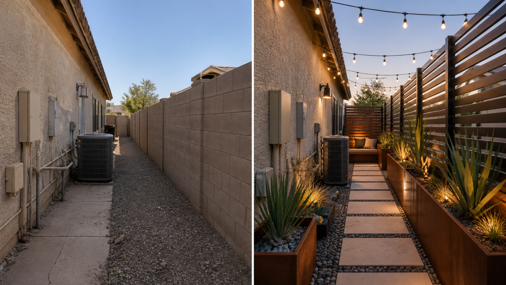 Before and after side-yard patio remodel