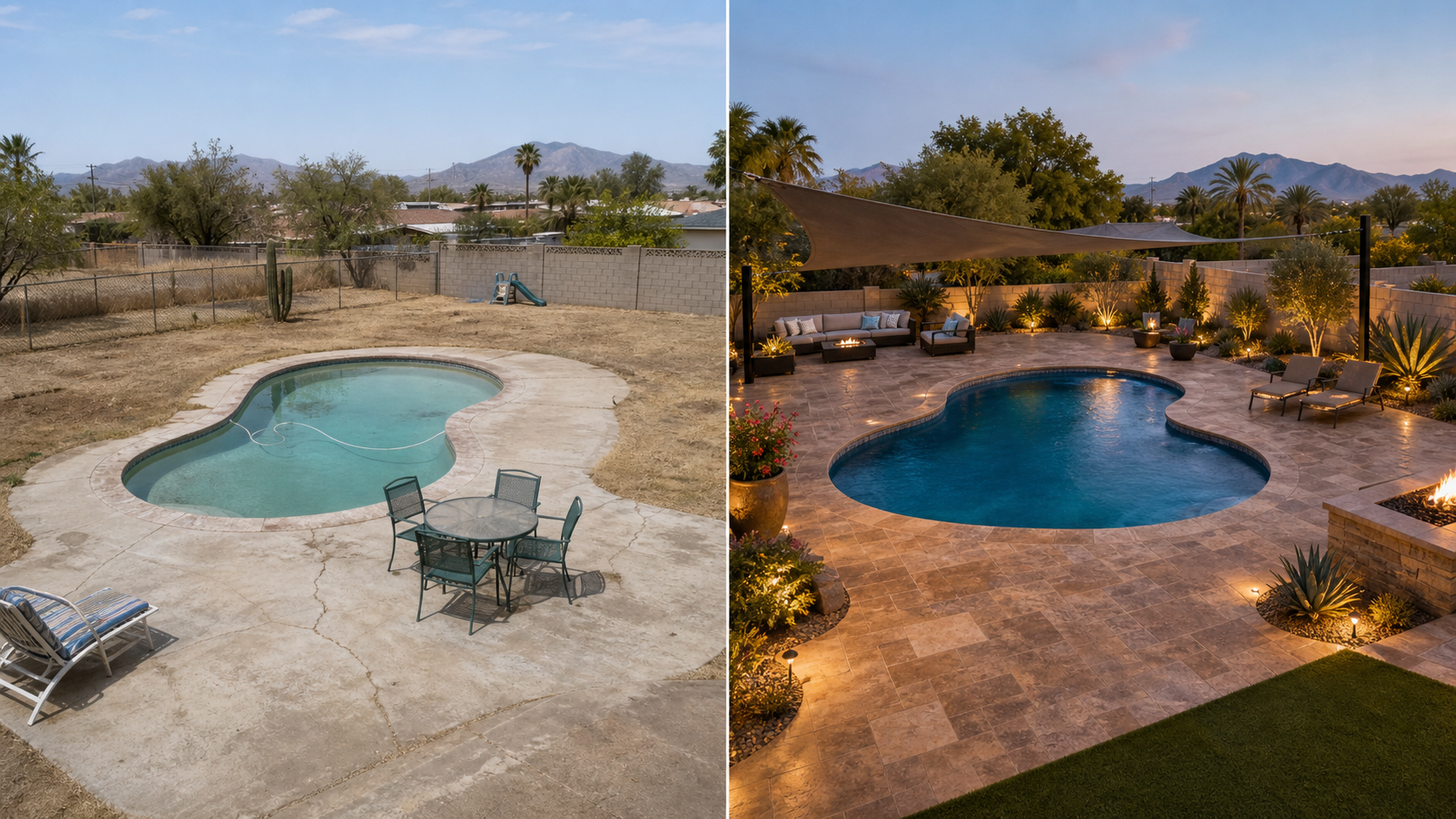 Before and after backyard pool and patio remodel