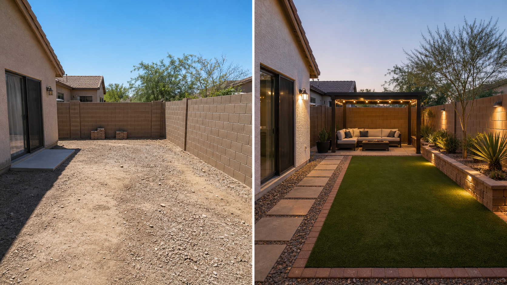 Before and after backyard turf and seating remodel
