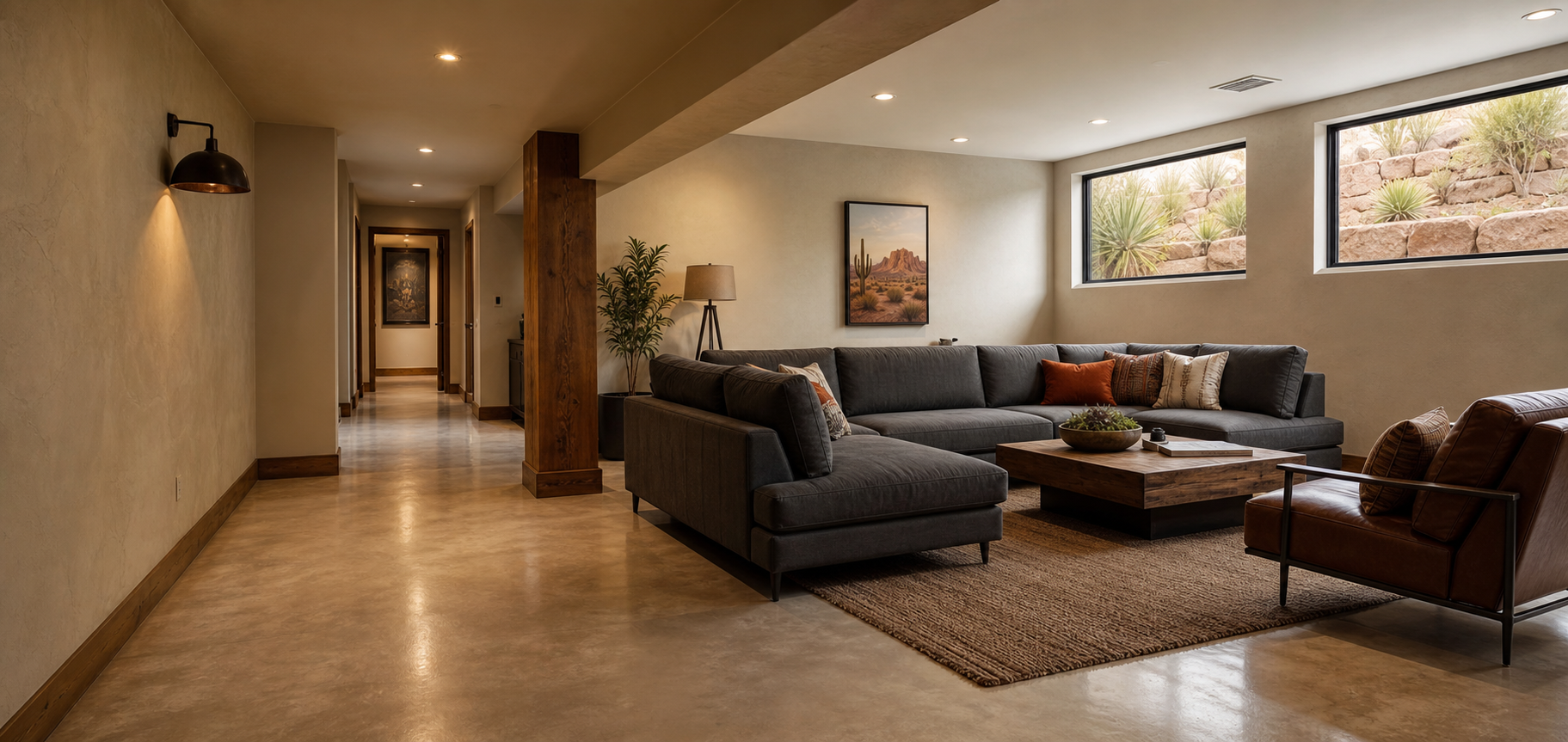 Finished basement family room with polished concrete and daylight windows