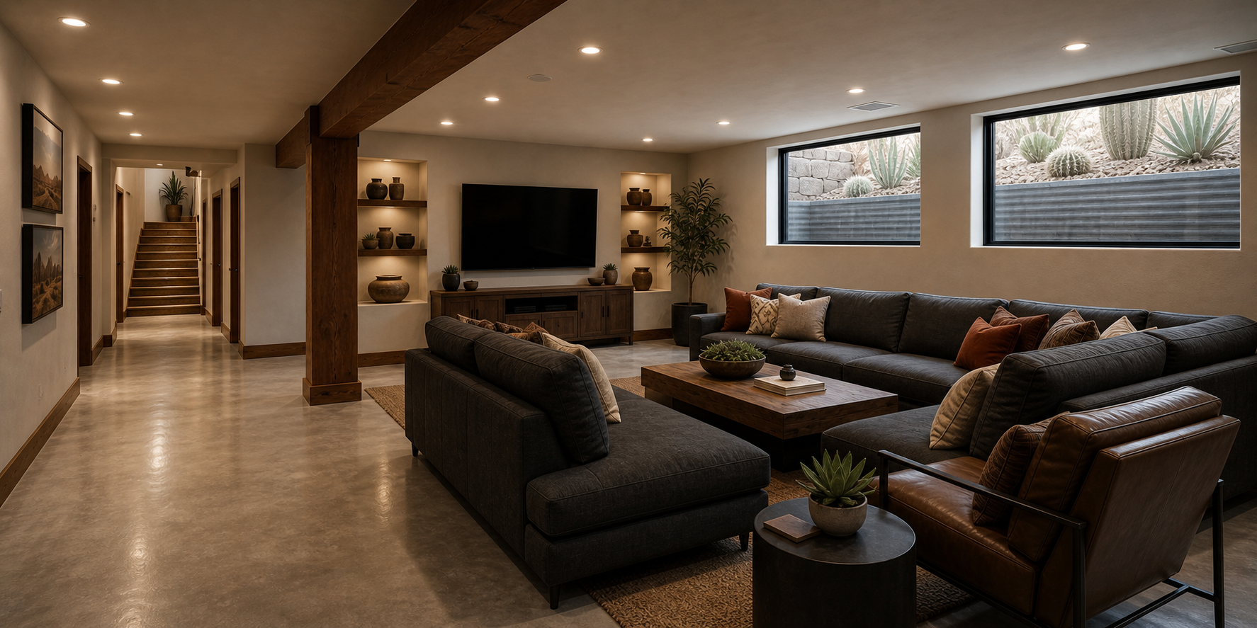 Finished Arizona residential basement family room with media wall, stairs, polished concrete, and daylight window wells