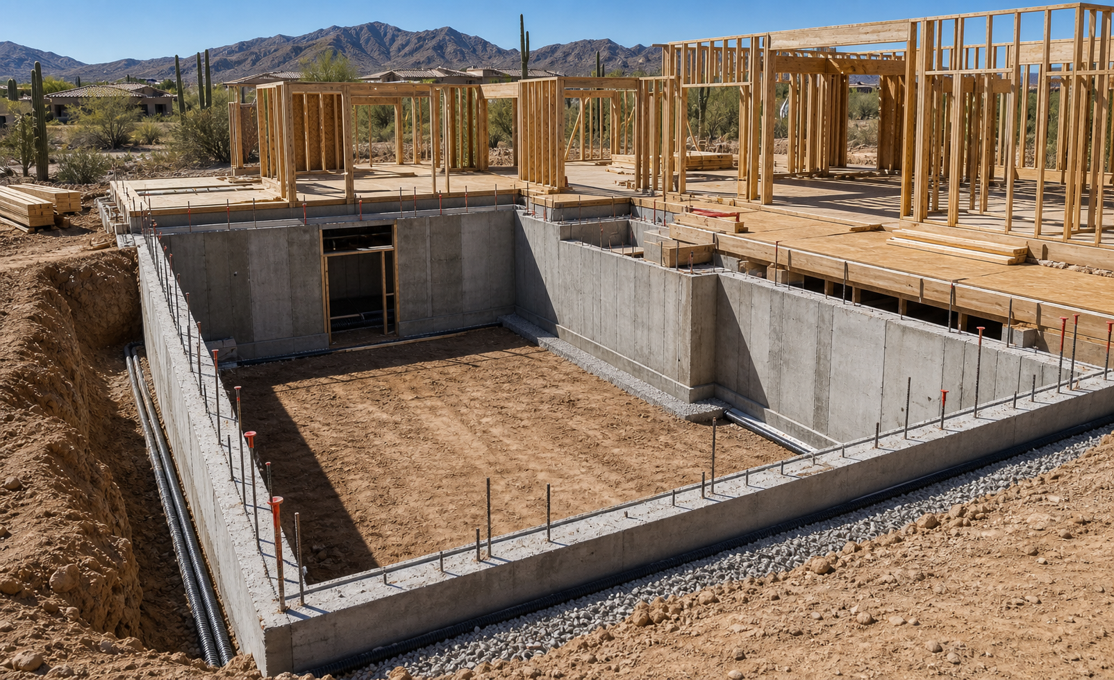 Large Arizona basement excavation built under the footprint of a new custom home