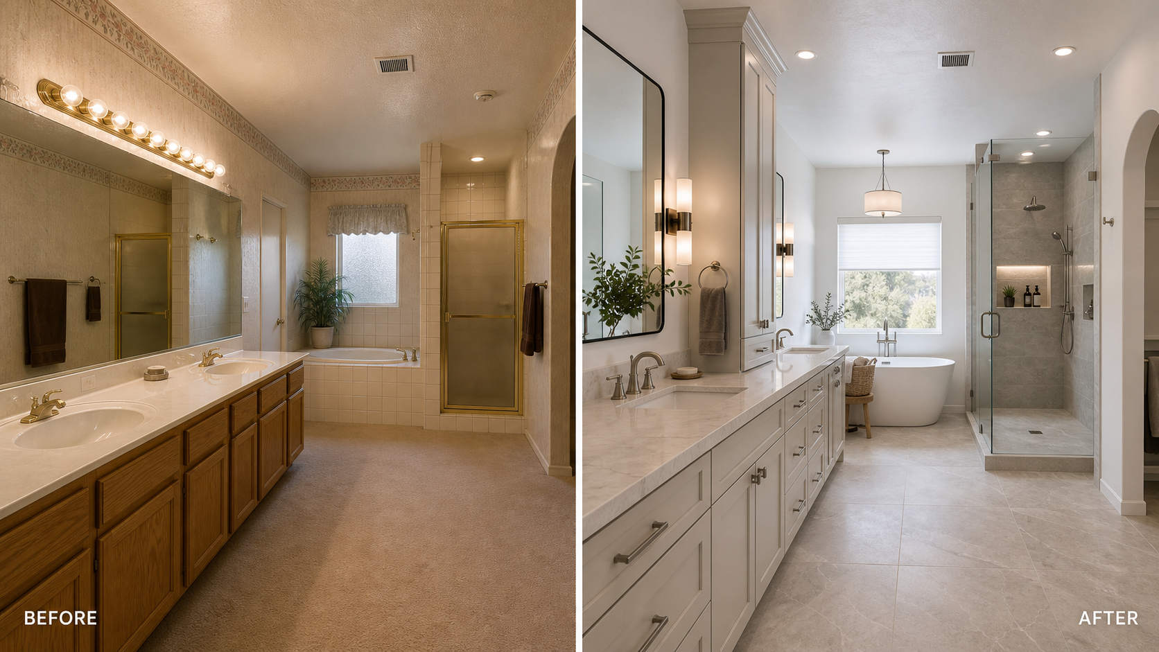 Before and after primary bathroom remodel