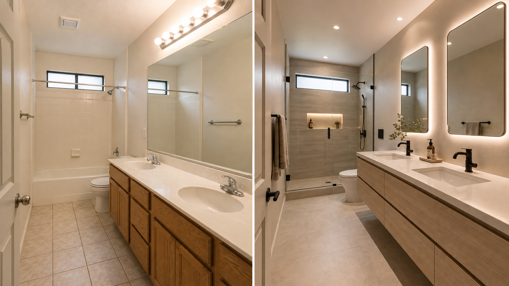 Before and after Jack-and-Jill bathroom remodel