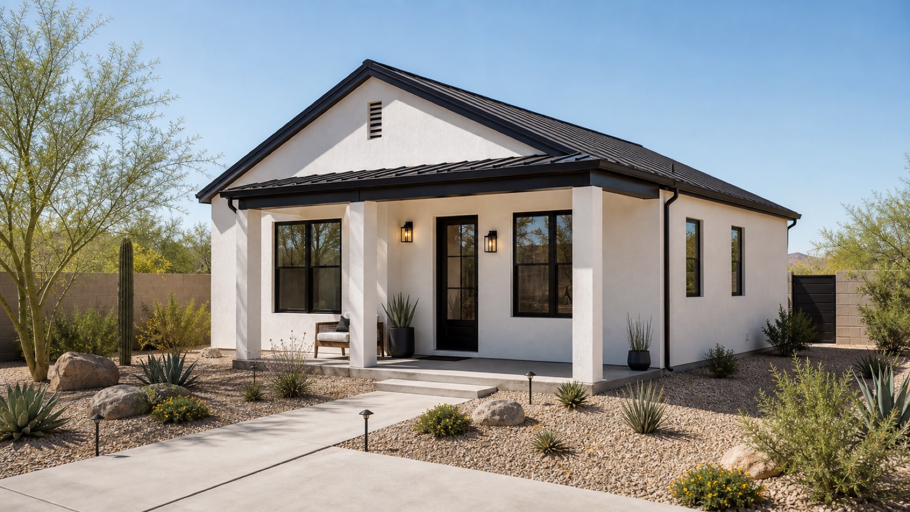 Modern farmhouse style Arizona casita with white stucco and black trim