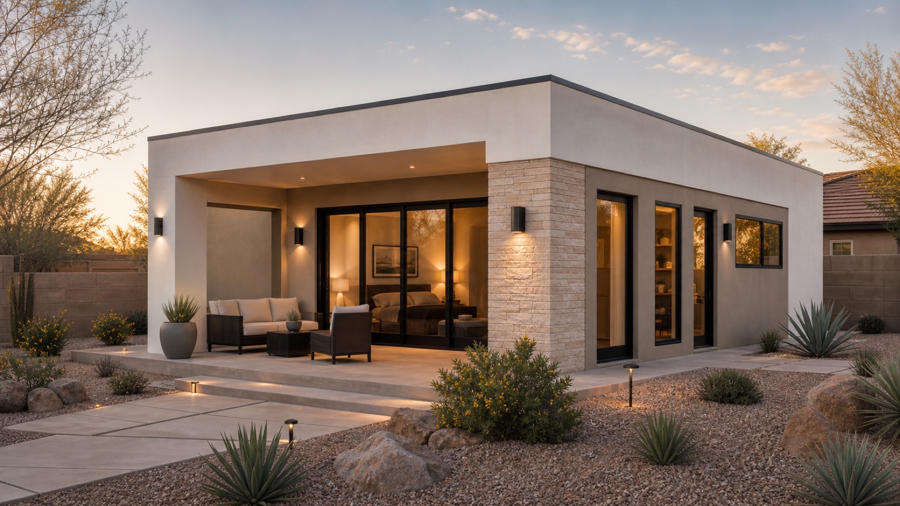 High-end modern Arizona casita with flat roof, glass doors, and desert landscaping