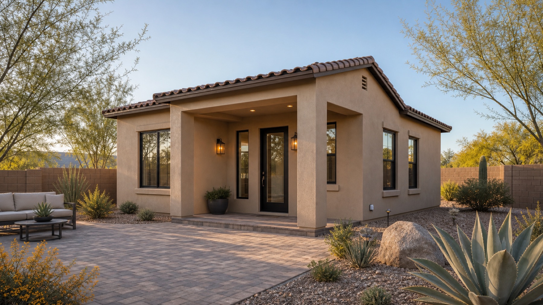 Contemporary southwest casita with tile roof and covered entry