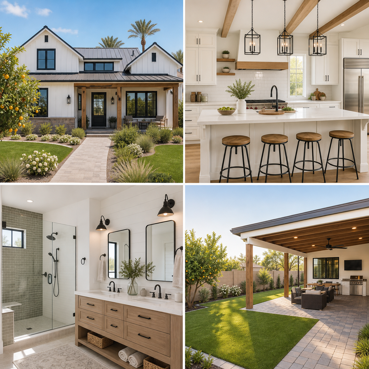 Gilbert Farmhouse Arizona home exterior, kitchen, bathroom, and backyard