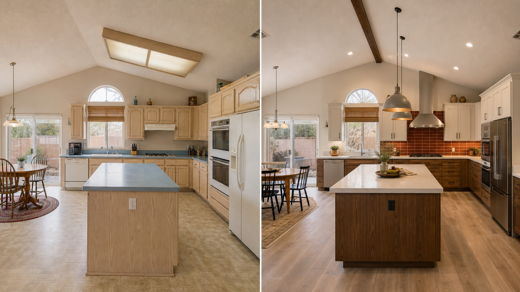 Before and after vaulted family kitchen remodel