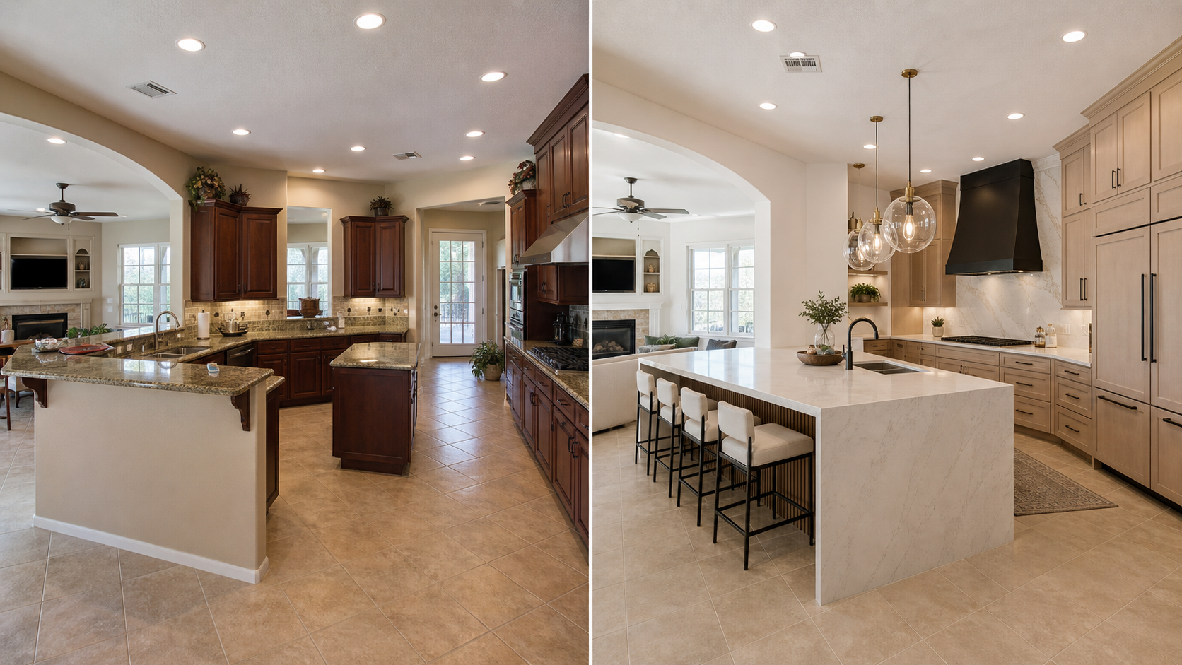 Before and after open L-shaped kitchen remodel