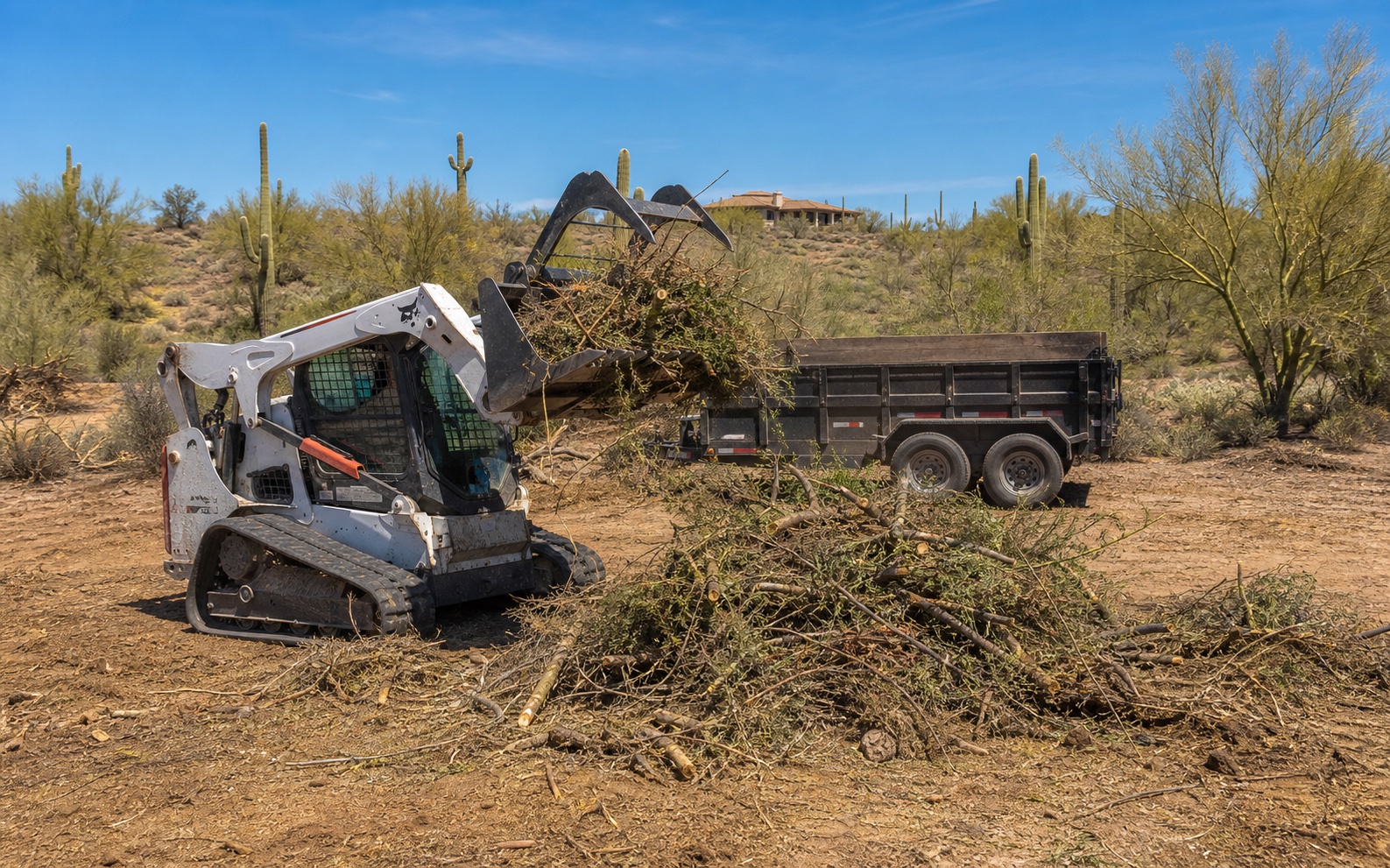 Skid steer moving brush into a debris pile on an Arizona lot