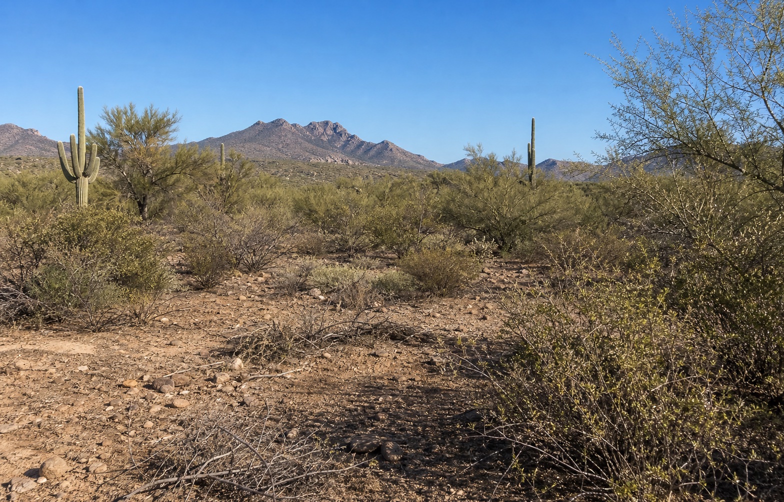 Overgrown Arizona desert lot before brush clearing