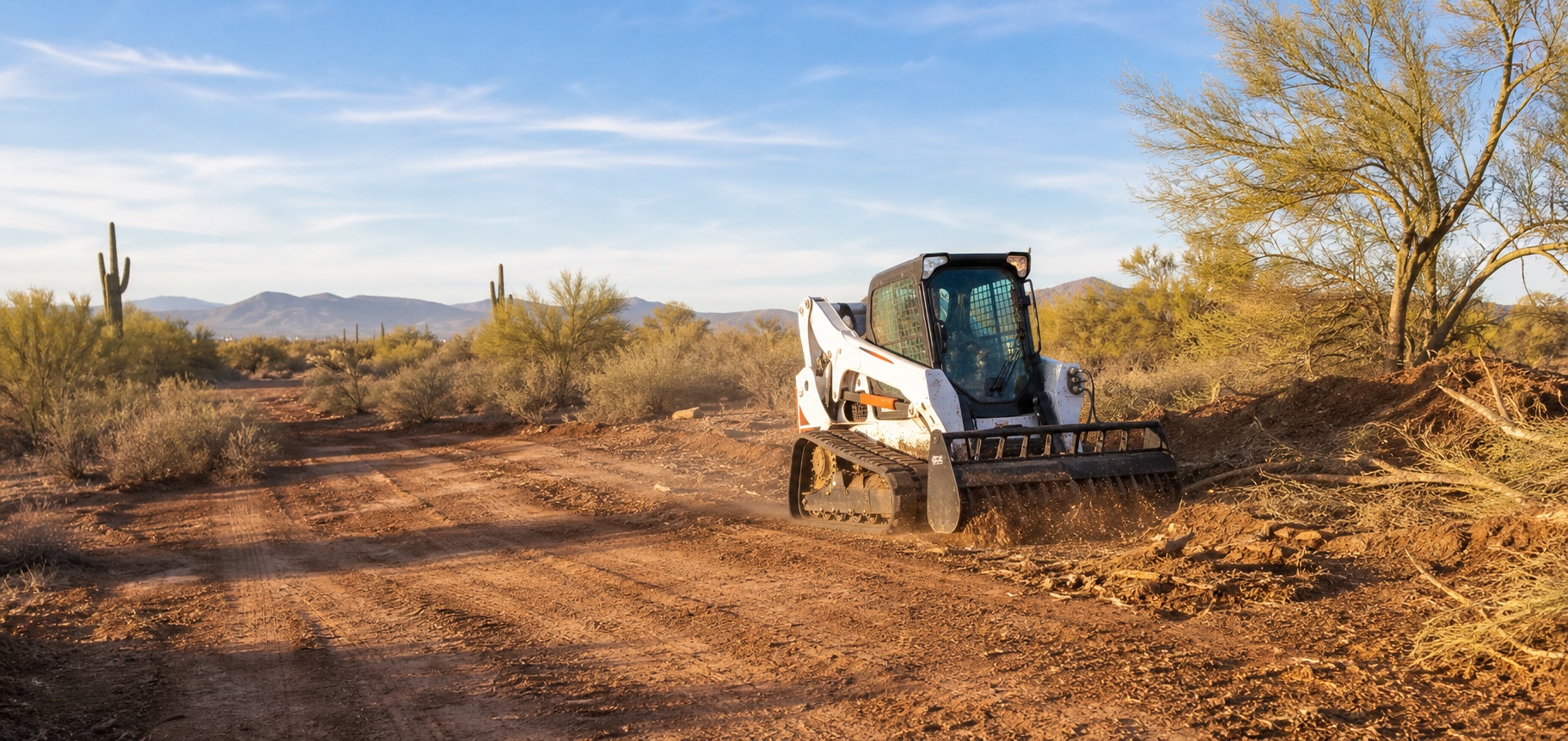 Skid steer clearing brush on an Arizona desert property with saguaros and mountains