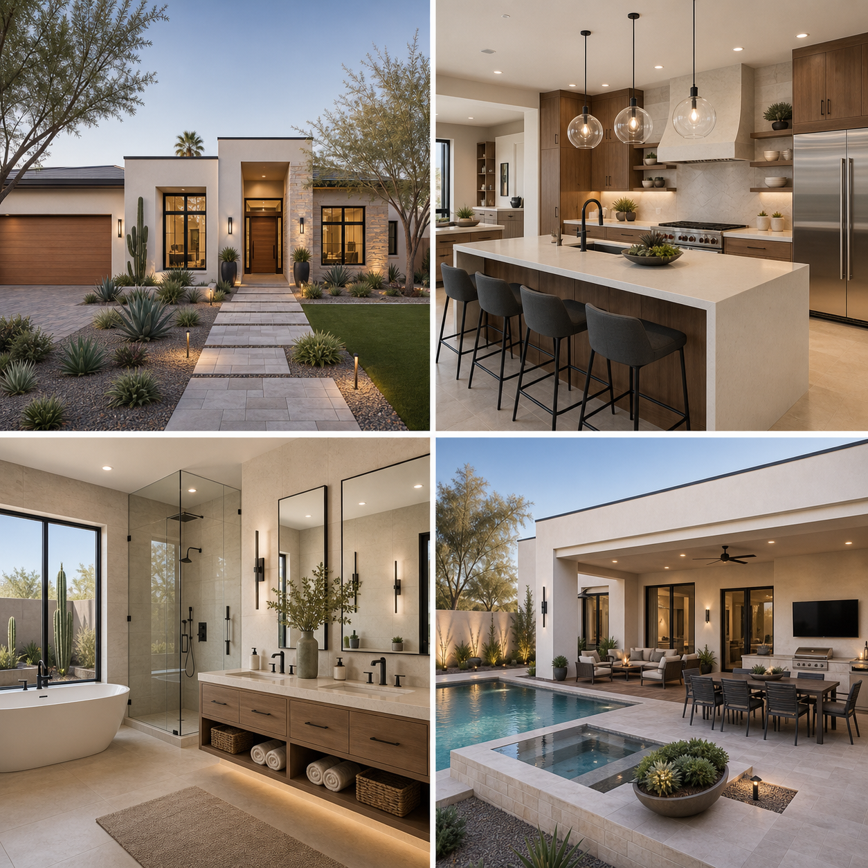 Modern Arizona Transitional home exterior, kitchen, bathroom, and backyard