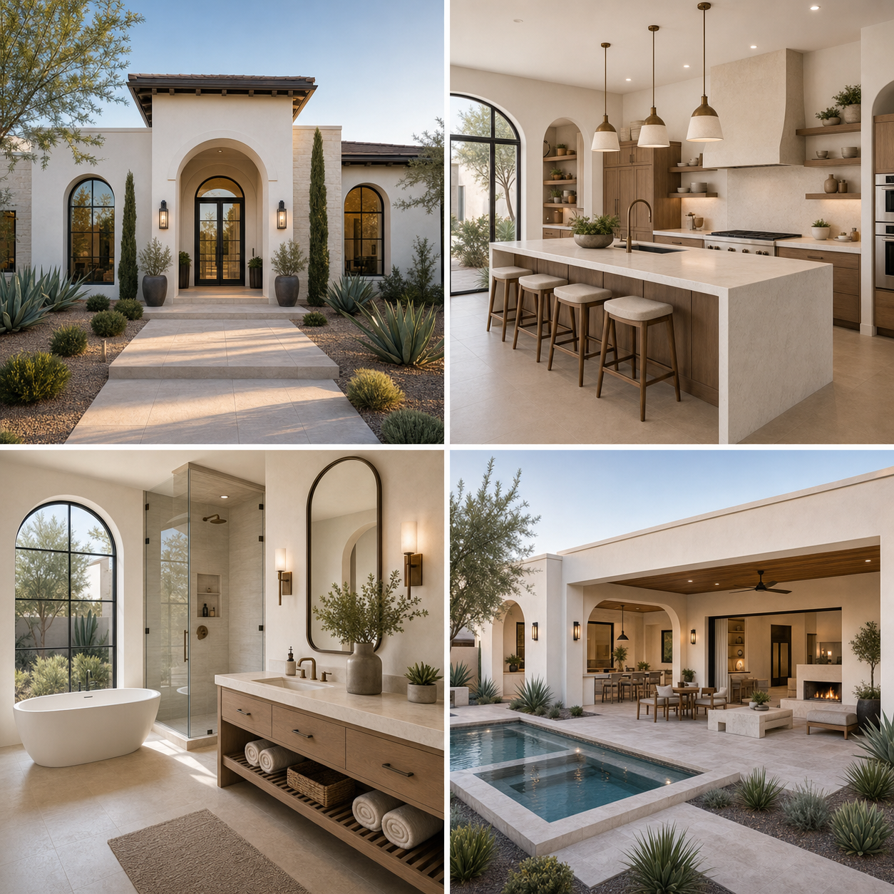 Modern Mediterranean Arizona home exterior, kitchen, bathroom, and backyard