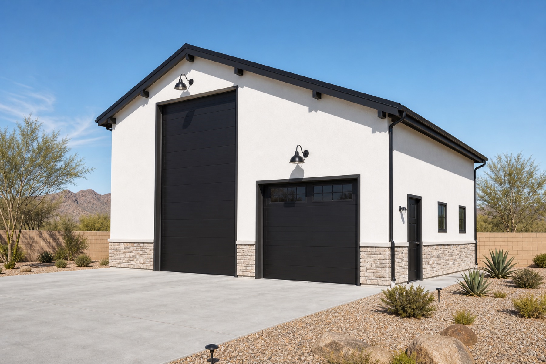 Modern farmhouse RV garage and workshop with tall bay and shop door