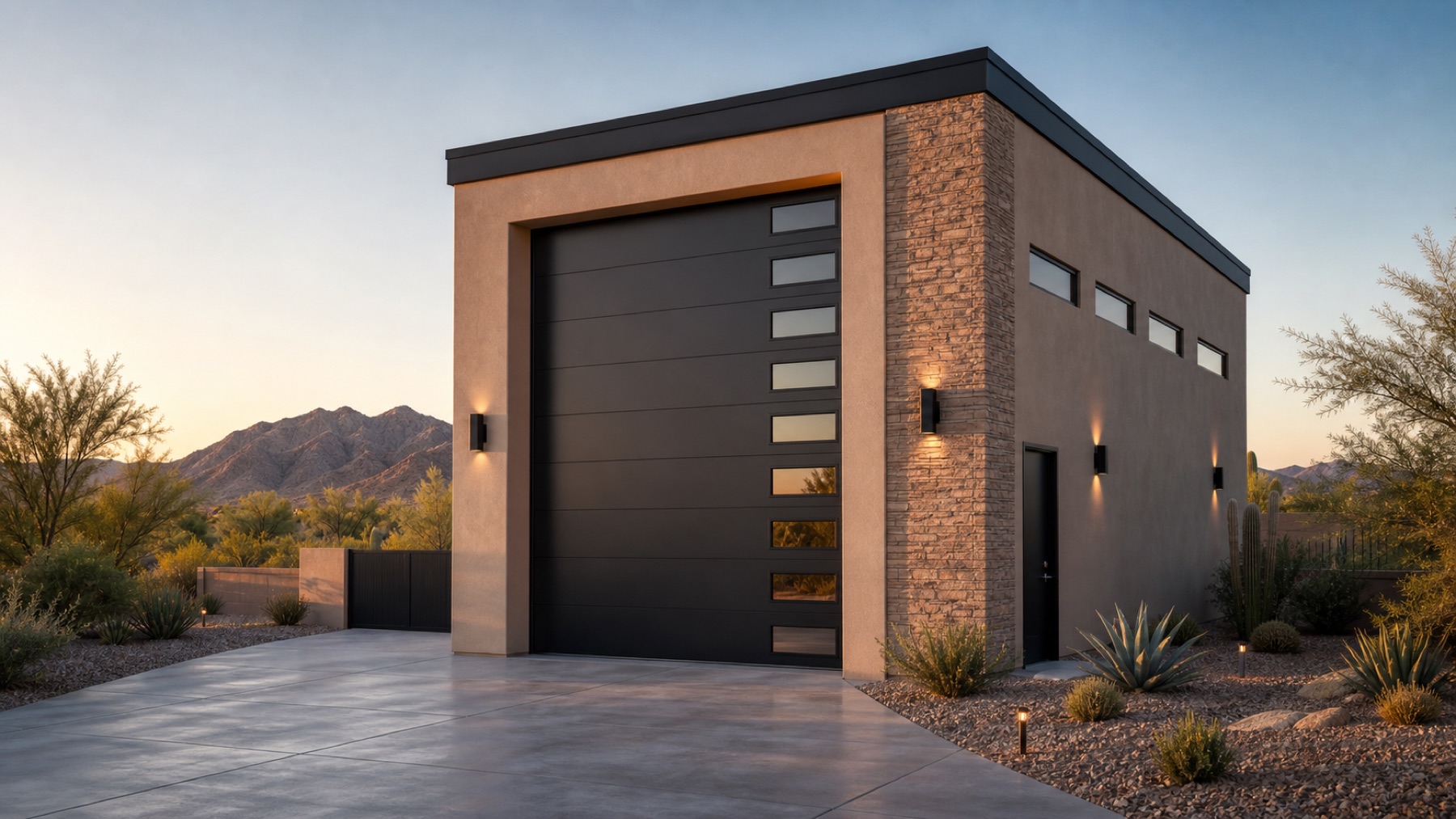 Modern luxury detached RV garage with tall black door and stone accent
