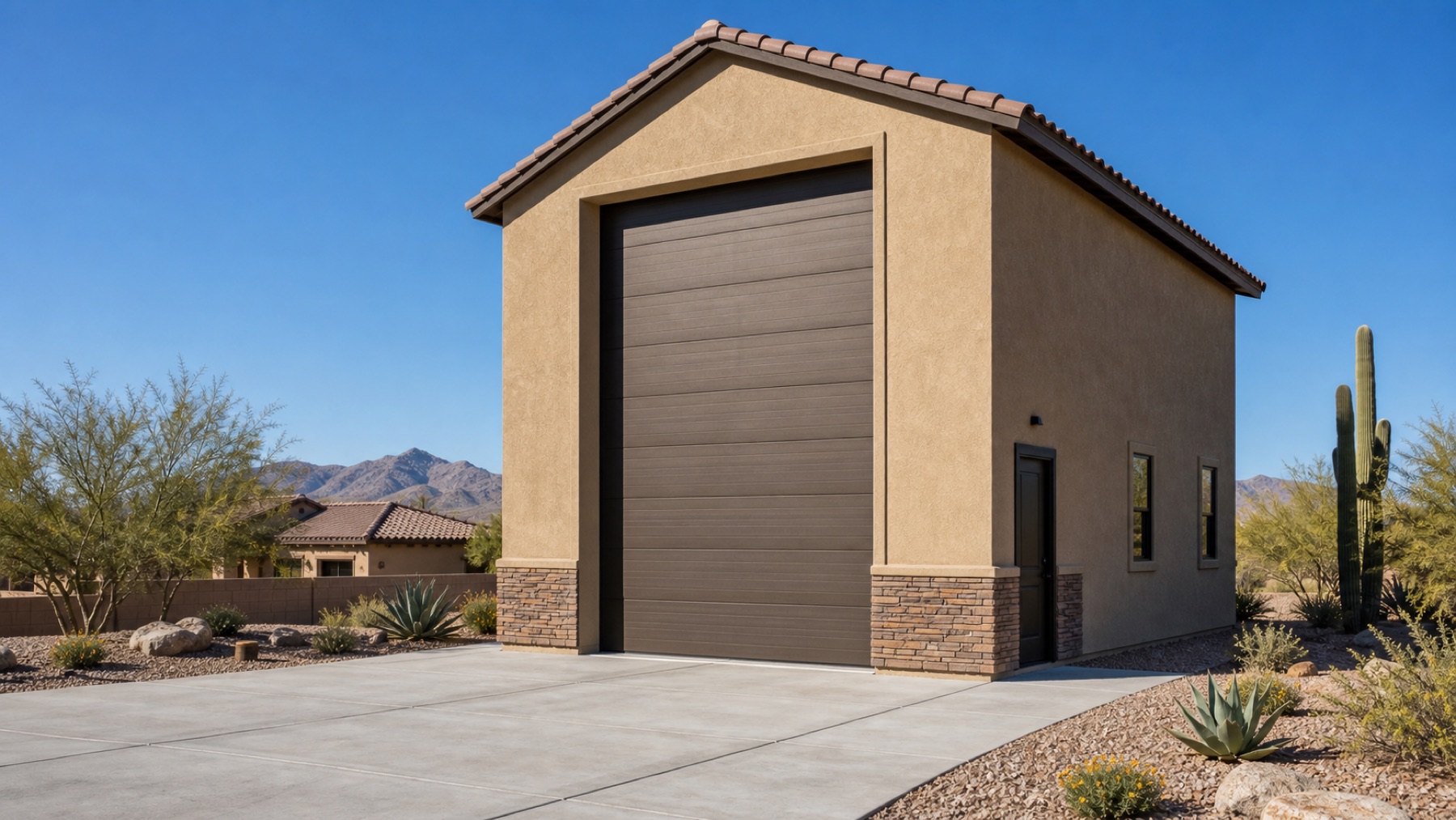 Southwest style RV garage with tan stucco, tile roof, and tall garage door
