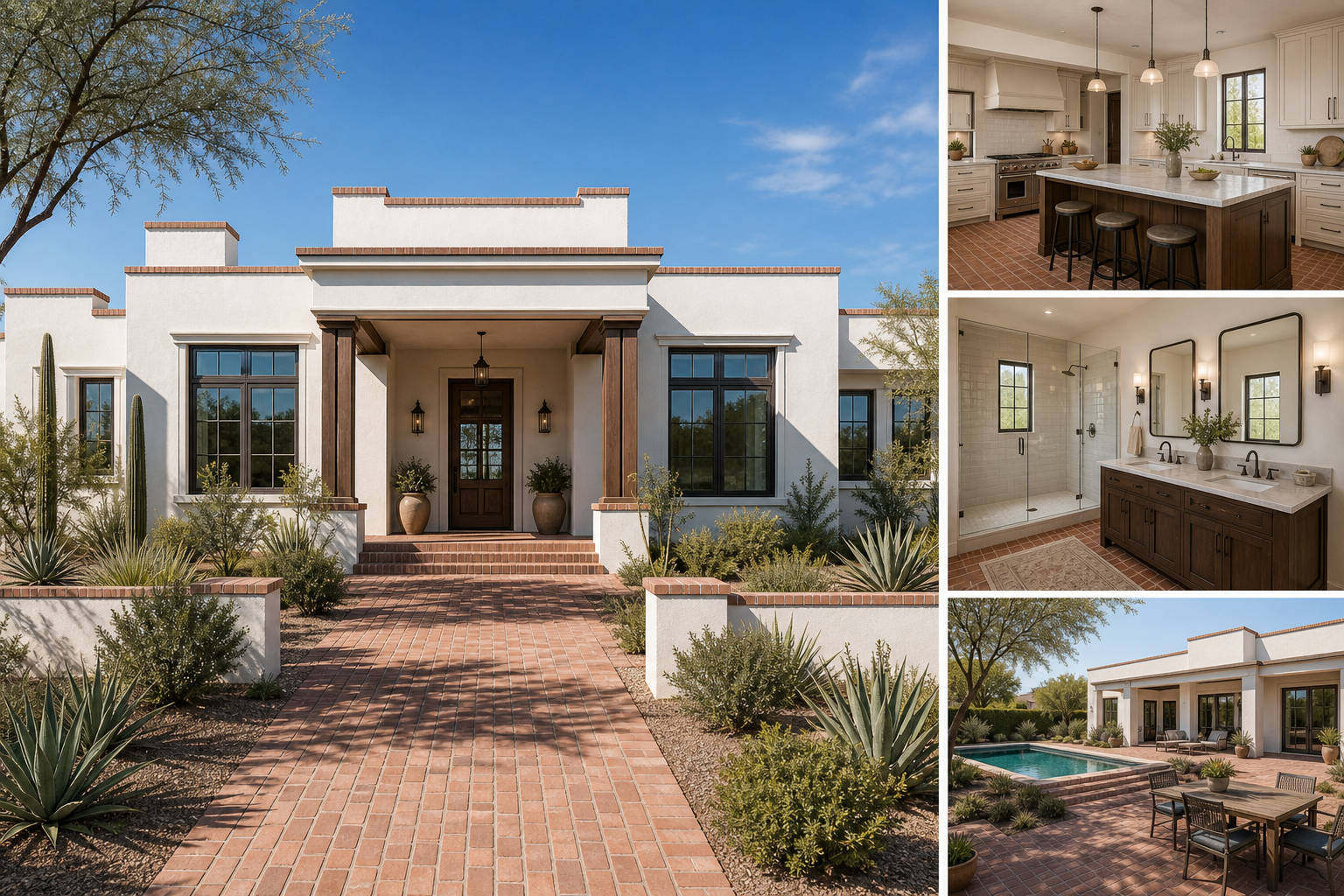 Large Territorial Revival Arizona home exterior with kitchen, bathroom, and backyard views